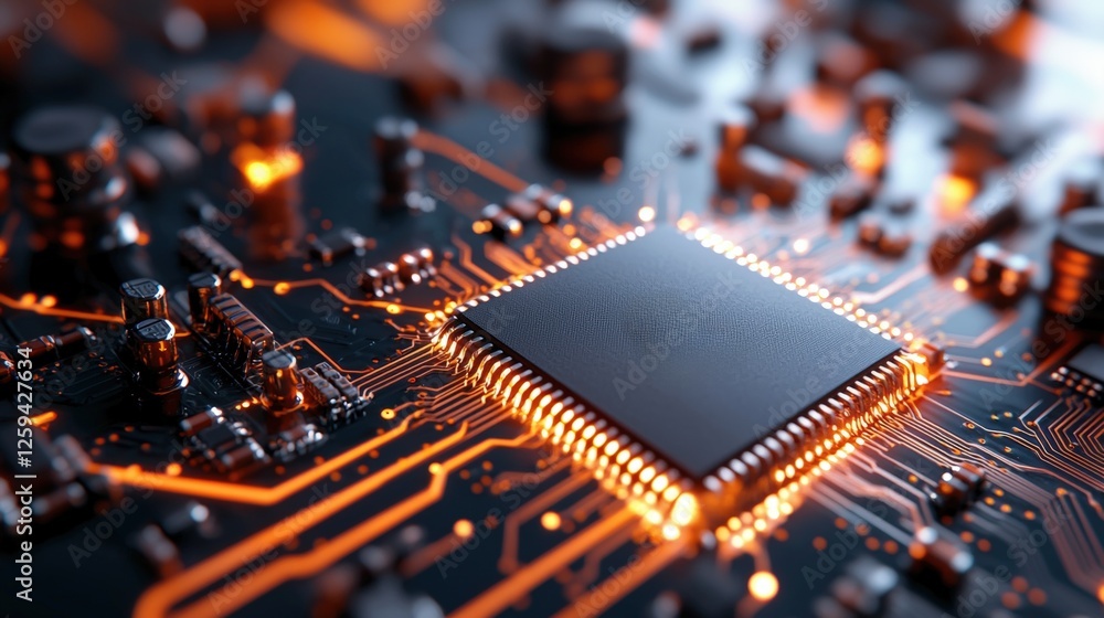 Aufkleber close-up image of a futuristic computer chip on a circuit board with glowing orange lights