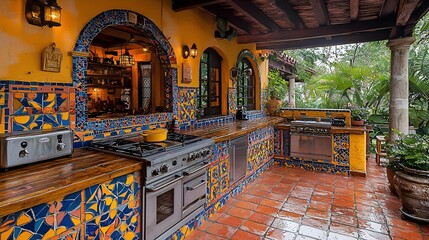 Obraz premium Colorful outdoor kitchen patio with arched windows