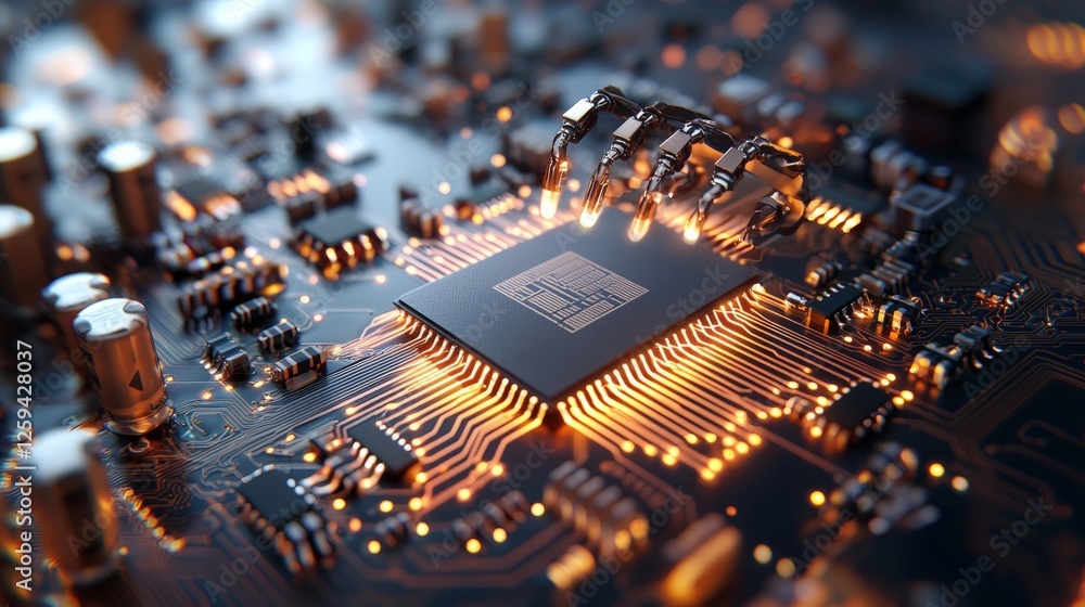 Aufkleber close up of a futuristic microchip showcasing intricate details and advanced technology features
