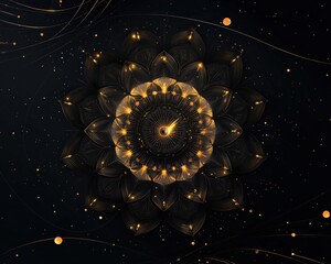 Abstract mandala glowing in gold, centered on a black background