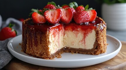Delicious cheesecake topped with fresh strawberries and glaze, served on a wooden platter