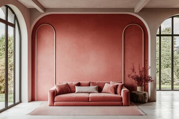Stylish chic living, 2025 trend colors, sofa and wall, 3D render.