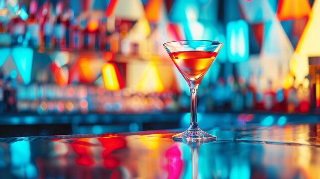 Cocktail at the Bar: A vibrant martini glass sits on a sleek bar top, reflecting the colorful lights and energetic atmosphere of a lively bar or nightclub. The scene is electric and full of life.