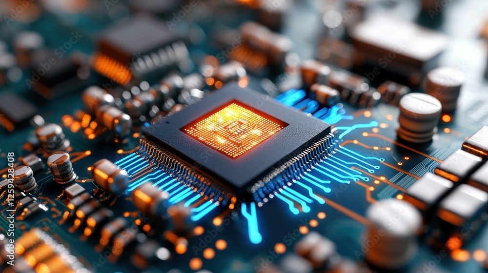 Poster close-up of a glowing microchip on a circuit board highlighting advanced technology and design featu
