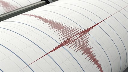 earthquake diaster alert. Seismograph recording an earthquake with visible seismic waves on paper.