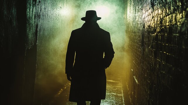 Mysterious Figure in Alley: A shrouded figure in a fedora and trench coat walks down a dimly lit alley, their silhouette shrouded in a haze of smoke and mystery.