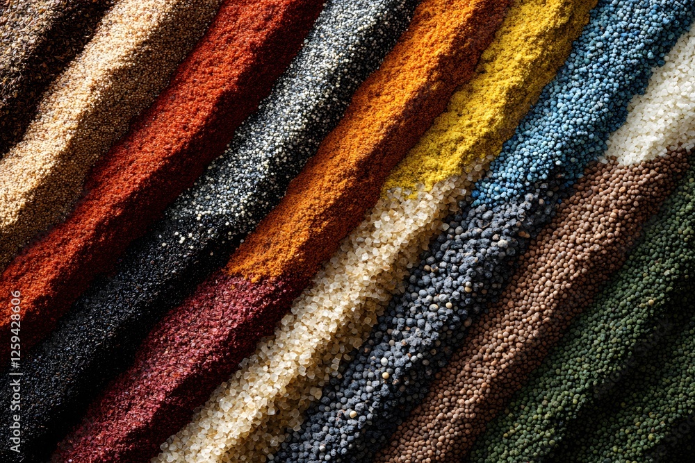 Poster colorful abstract texture of various seeds and grains in diagonal rows food background
