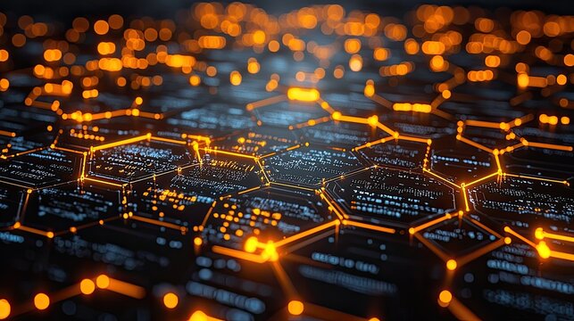 Abstract digital hexagonal pattern with glowing orange lights representing technology and data