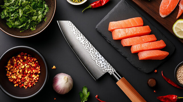 Sharp Knife and Fresh Salmon:  A gleaming chef's knife with a wood handle rests beside fresh salmon fillets on a slate cutting board. Aromatic herbs and spices, including red chili peppers, onions.