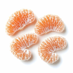 Four mandarin orange segments, white background, food photography, recipe ingredient