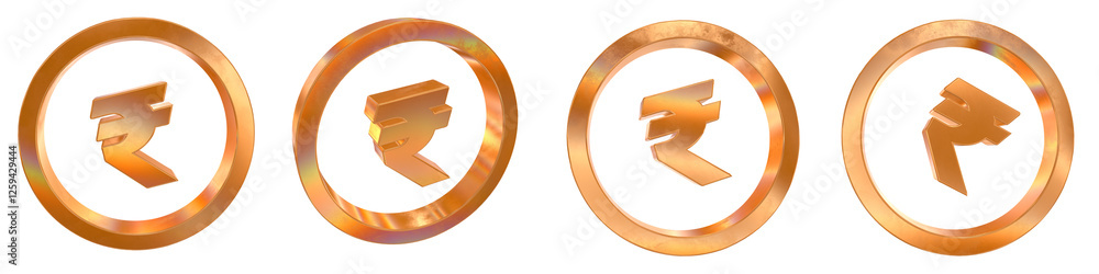 Poster set of 4 3d rupee coin outline shapes with golden and rainbow effects isolated on a transparent back