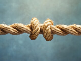 Detailed Close Up of a Natural Fiber Rope Tied in a Knot Against a Soft Blue Background