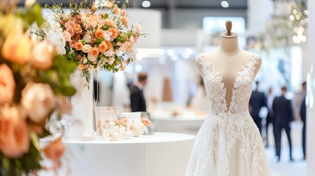 Wedding Dress on Display: A breathtaking wedding gown, adorned with intricate lace, takes center stage at a bustling wedding expo.