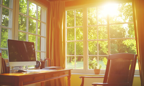 Sunlit home office with computer, desk, chair, and large windows overlooking a lush green garden. Ideal for themes of productivity, serenity, and work-life balance.