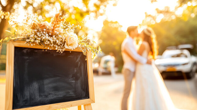 Rustic Wedding Sign: A charming, blank chalkboard wedding sign adorned with dried flowers sits in the foreground, with a softly focused image of a romantic couple embracing in the background. - Powered by Adobe