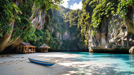 A hidden cove surrounded by towering cliffs, covered in lush jungle vines. a rustic bamboo hut. Crystal-clear water.
tropical adventure, untouched paradise.