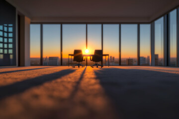Serene sunrise view from a modern office, two empty chairs facing the cityscape bathed in golden light.  A tranquil business setting.