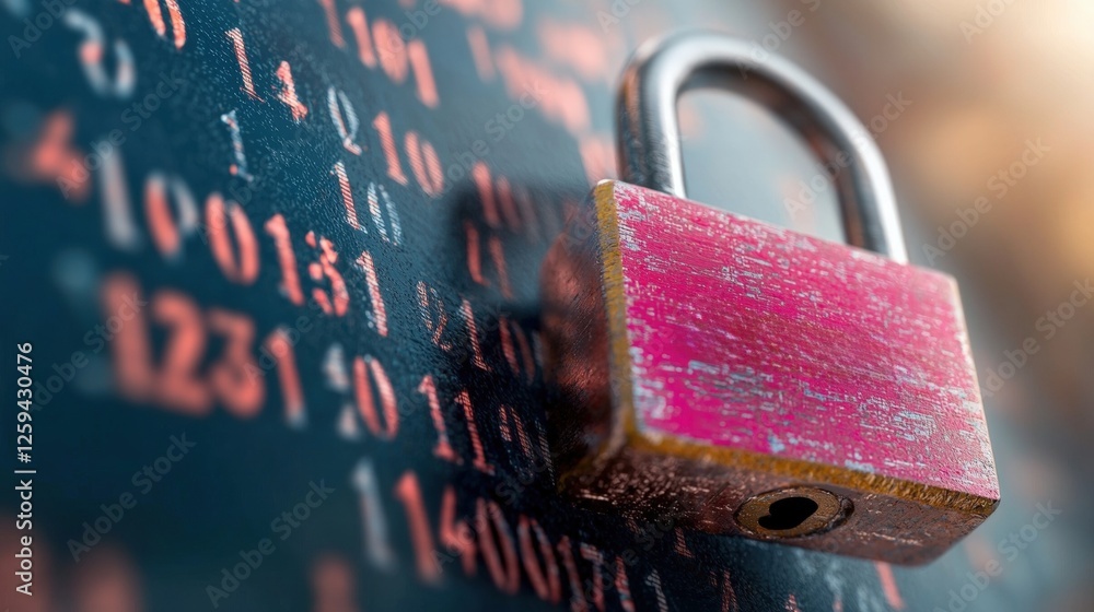 Poster close-up image of a padlock secured to a wall with a clear focus on the lock mechanism and details