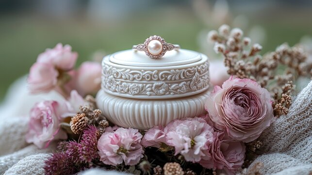 Elegant pearl ring displayed on a decorative box surrounded by soft pink flowers in a serene garden