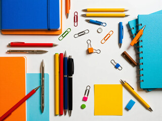 A neatly arranged flat lay of colorful office supplies