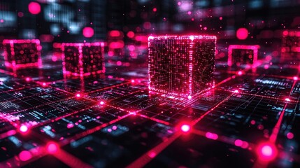 Futuristic digital landscape featuring glowing cubes on a grid with vibrant lights and patterns