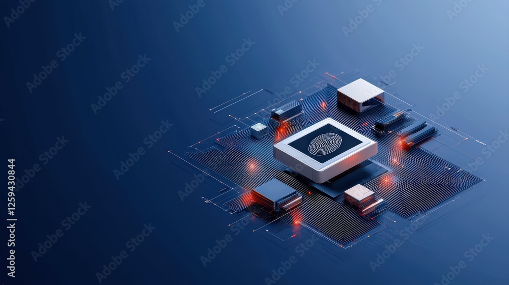 Poster legislation policy enforcement concept. high-tech microchip on a circuit board with glowing elements