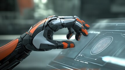 legislation policy enforcement concept. A robotic hand interacting with a futuristic digital interface.