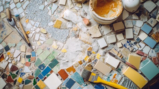Scene of a mosaic art setup. Featuring mosaic tiles, grout, and tools. Highlighting the artistry of mosaic crafting. Ideal for DIY and craft blogs.