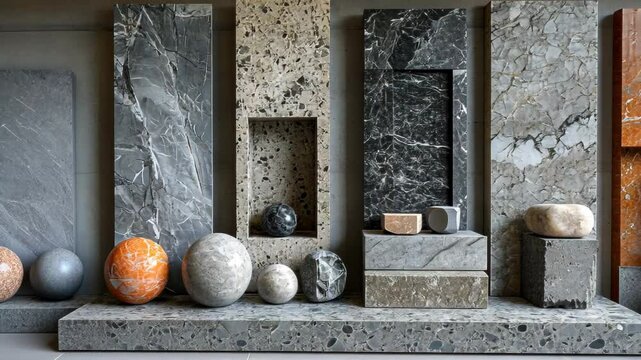Various stone samples displayed artistically on a modern shelf