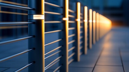 Illuminated metal railing at night, city backdrop