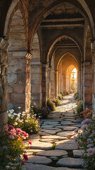 Fototapeta premium A secluded monastery, its stone corridors bathed in the golden glow of the setting sun.