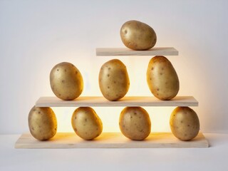 Fototapeta premium Golden Potatoes Balanced on Wooden Shelves