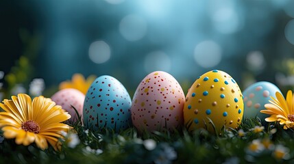 Colorful decorated Easter eggs resting on vibrant grass surrounded by blooming flowers in a serene setting