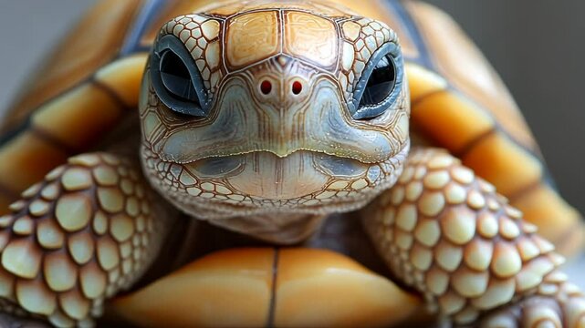 Close-up of a detailed tortoise with vibrant shell patterns indoors