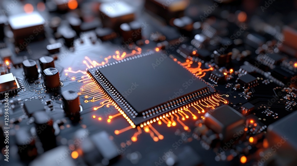 Poster close up view of a computer microchip with intricate details and high fidelity resolution