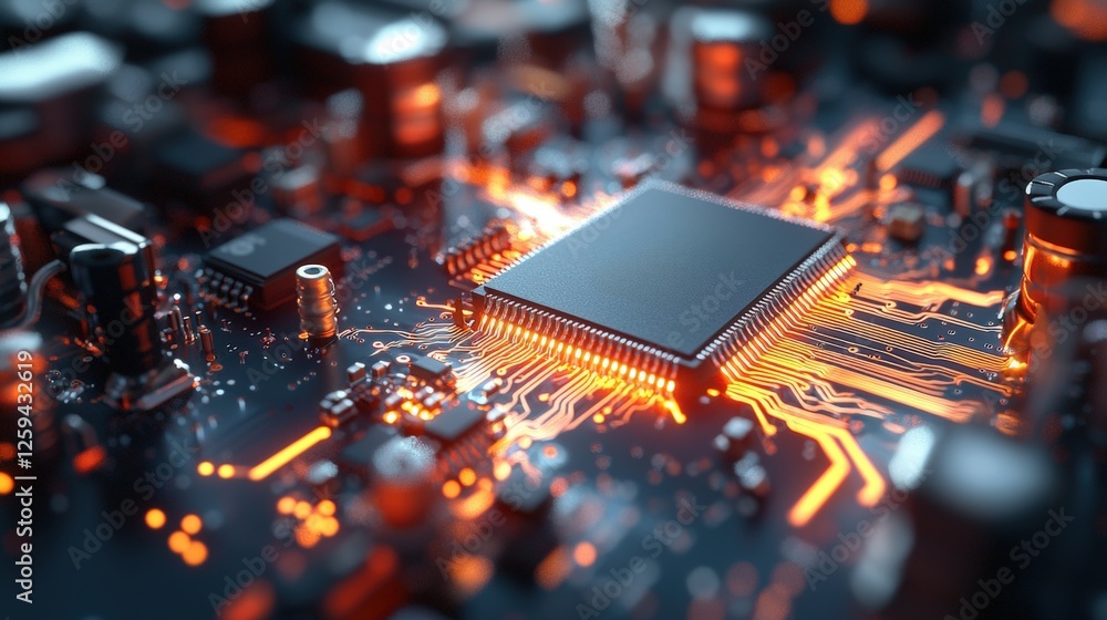 Aufkleber close-up view of a computer processor microchip with red light illumination and high fidelity detail