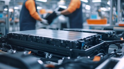 Electric vehicle assembly line. Workers installing battery packs and components. Highlighting electric vehicle manufacturing and assembly processes. Ideal for automotive industry showcases.