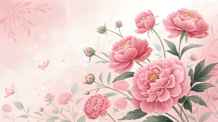 Pink Peony Blossom: Delicate pink peonies in full bloom, adorned with lush green leaves, create a serene and romantic atmosphere.  Butterflies flutter gently in the soft pink background.