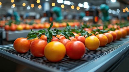 Freshly harvested oranges and tomatoes on a conveyor belt in a bustling agricultural facility