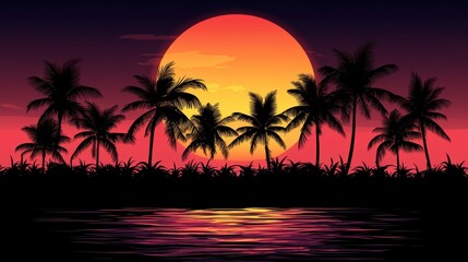 Naklejka premium Tropical sunset, palm trees, ocean, calm water, romantic background
