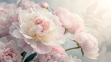 Blushing Peonies: Delicate blush pink and creamy white peonies in full bloom, their petals softly unfurling in a radiant display of springtime beauty.