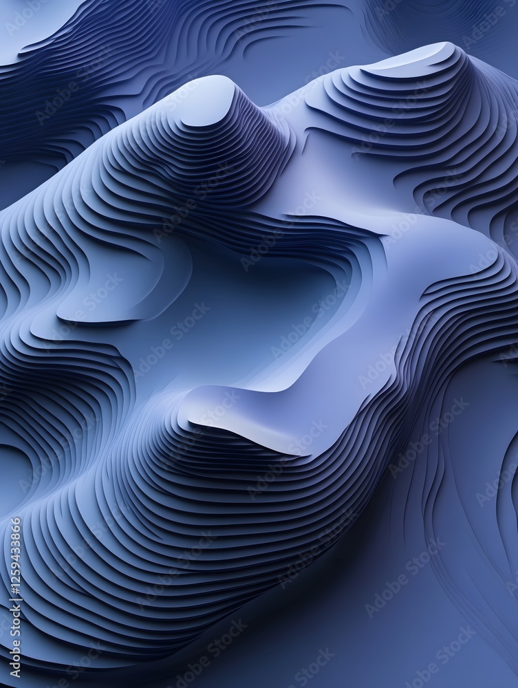 Poster abstract topographic landscape in blue tones showing layers of terrain and depth of field