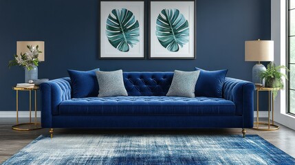 Elegant Blue Velvet Sofa in a Modern Living Room