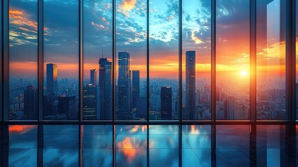 Stunning sunset view from a high-rise building overlooking a vibrant city skyline