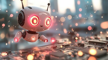 Flying robot above computer with ai chatbot featuring glowing eyes in high fidelity digital art