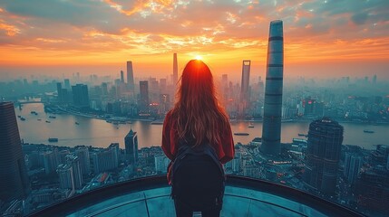 Woman gazing at a vibrant sunset over a bustling city skyline with skyscrapers and water