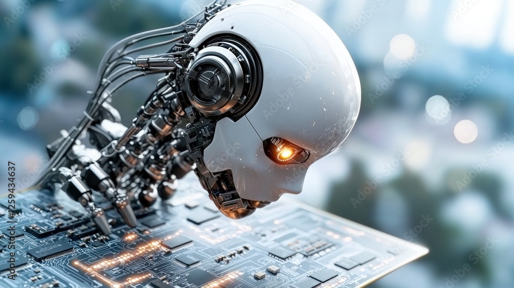 Aufkleber realistic robot head working on a circuit board glowing in a high fidelity digital environment