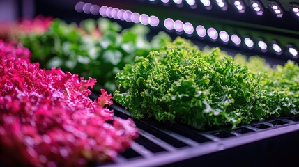Vibrant assortment of fresh lettuce varieties growing under LED lights in a hydroponic setup