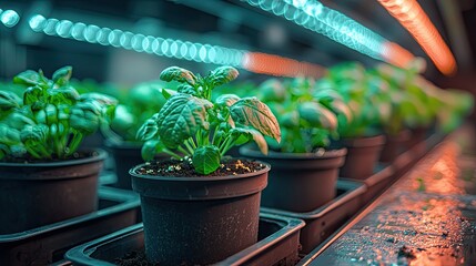 Lush basil plants thriving under vibrant LED grow lights in a modern indoor garden setting
