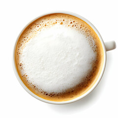 Frothy cappuccino in white cup, overhead view